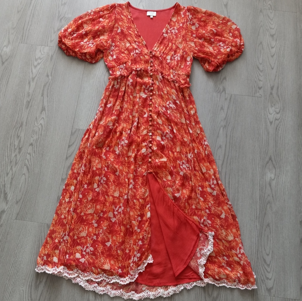 Hemant & Nandita Dawn Silk Midi Dress Orange Floral M - Picture 12 of 16